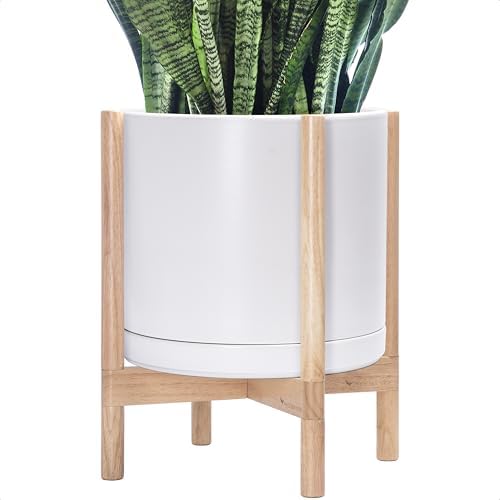 D'vine Dev Ceramic Pot with Natural Wood Stand, White, 14 in, 55-B-R-1 by DvineDevPlanterPotsandStand