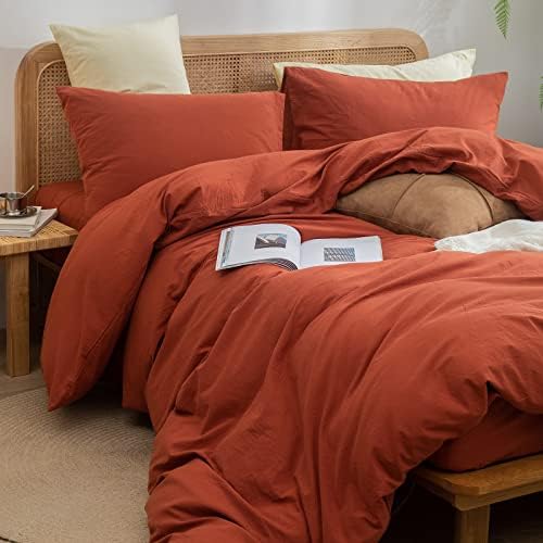 BESTOUCH Cotton Solid Duvet Cover Set Linen Feel Burnt Brick Red King - Image 5