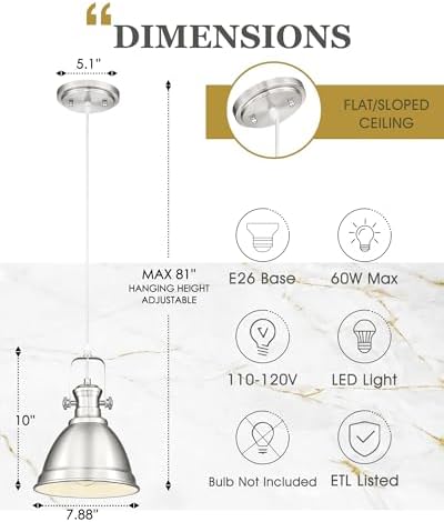 Pendant Lights Kitchen Island, 8" Farmhouse Hanging Lights Fixtures with Metal Shade, Rustic Kitchen Pendant Lighting Over Island for Dining Room, Brushed Nickel, AD-2151-1PM-SN - Image 2