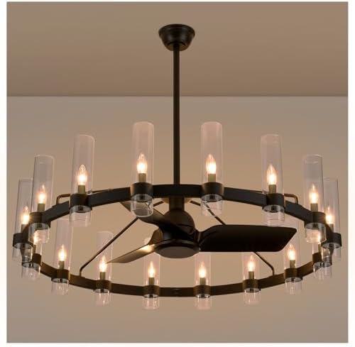 Black Ceiling Fans with 16 Lights Wagon Wheel Chandelier, 48 Inch Modern Farmhouse Fandelier, Quiet 6-Speed Reversible DC Motor, 1/2/4H Remote Timing for Living Room/Bedroom/Kitchen by AEULYTIR