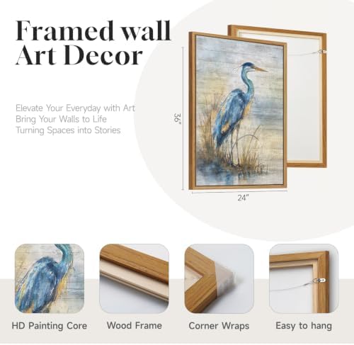 Framed Vintage Coastal Blue Heron Bird Wall Art for Living Room, 24x36 Inch - Image 5