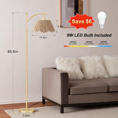 Ambimall 60" Floor Lamps for Living Room with 3 Color Temperatures, Gold Floor Lamp with Rattan Shade, Modern Tall Lamps for Bedroom Office, 9W LED Bulb Included - Image 2