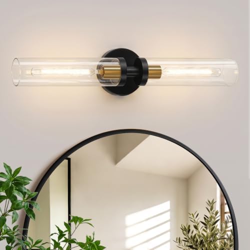 Indoi Black and Gold Wall Sconce, Hardwired Bathroom Sconces Wall Lighting with Clear Glass, Modern Sconces Wall Light fixtures for Bathroom Mirror Living Room Hallway Bedroom by Indoibrightenyourbathroom