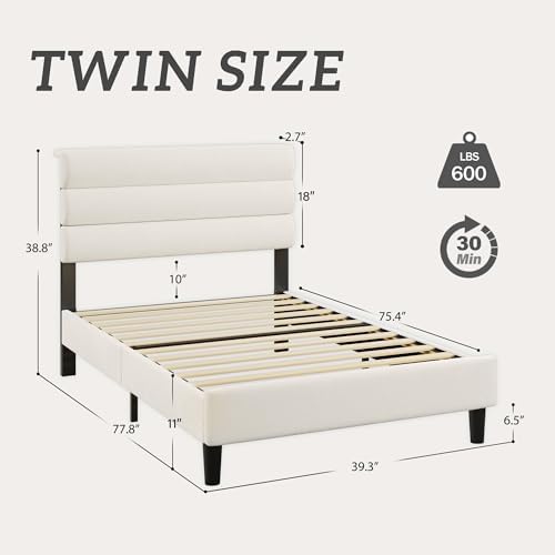 Fluest Twin Bed Frame, Platform Bed Frame with Velvet Upholstered Headboard, No Box Spring Needed, Sturdy Metal Support, Noise Free, Easy Assembly, Modern Bedroom Furniture, Beige - Image 2