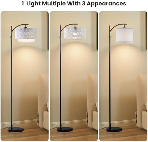 Yusist Arc Floor Lamp for Living Room,Farmhouse Floor Lamps with Remote Control & Dimmable Bulb,White Rattan Boho Tall Standing Lamp for Bedroom Office - Image 3