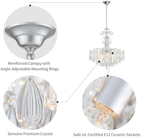 WUZUPS 6-Light Crystal Chandelier Pendant Ceiling Light Modern Lighting Fixture for Bedroom Hallway Bar Kitchen Bathroom, H 25.6" W21.7, E12 Base, Silver - Image 3