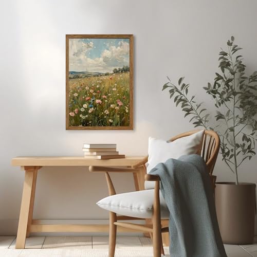 AVECCO Vintage Rustic Wildflower Field Wall Art Canvas Framed 16x24 inch - Image 3