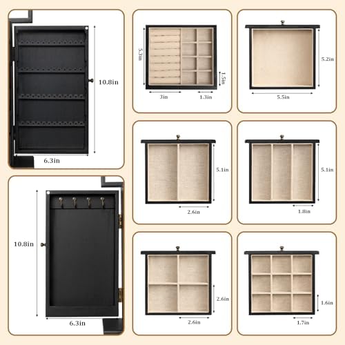 Emfogo Wooden Jewelry Box for Women, 6-Tier Large Jewelry Organizer Boxes with Mirror Rustic Solid Wood jewlery Storage for Rings Earrings Necklaces Bracelets watches(Black) - Image 6