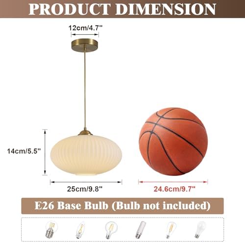 KCO Brass Gold 9.8” Ribbed Milk Glass Adjustable Pendant Light Set of 2 - Image 2