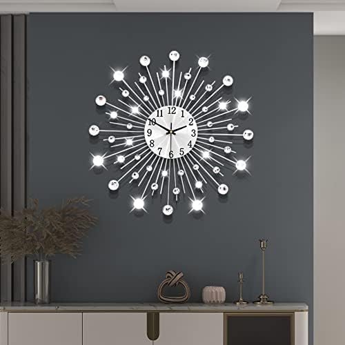 Large Decorative Wall Clock for Living Room Decor Silver Metal Crystal Modern Starburst Wall Clock 20 Inch Big Silent Quartz Clock Battery Operated Non Ticking for Kitchen Office Bedroom by CreativeClock