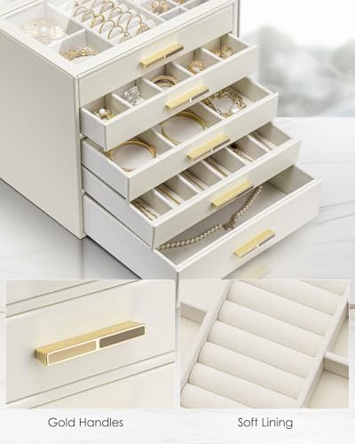 VLANDO 5 Layer Jewelry Box for Women, Glass Lid Jewelry Organizer with 5 Drawers for Necklaces Rings Earrings Bracelets - Cloud White - Image 6