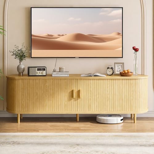 65" Mid Century Modern TV Stand with Power Outlet, Fluted Entertainment Center with Storage and Adjustable Shelves, Wood TV Console with Sliding Doors for Living Room, Oak - Image 2