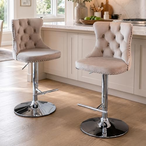 SoarFlash Velvet Bar Stool Set of 2, Adjustable Swivel Bar Stools with Silver Plated Metal Leg, Button Tufted, Footrest, Chrome Nailhead, Counter Height Chair for Kitchen, Bar, Dining Room (Beige) by SoarFlash
