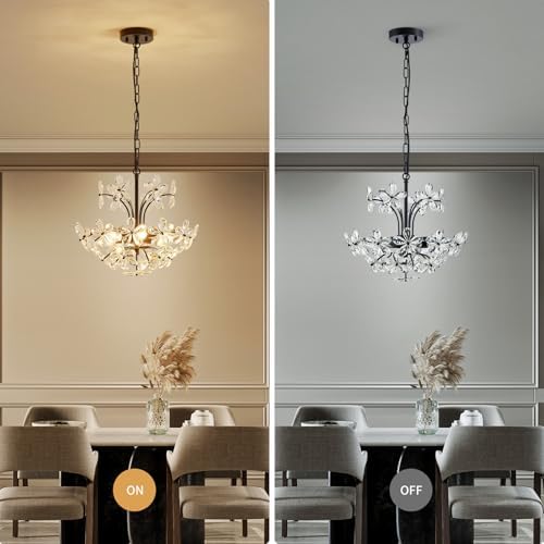 WUZUPS Crystal Chandelier Pendant Flushmount Ceiling Light Modern Lighting Fixture for Bedroom Hallway Bar Kitchen Bathroom, H 15.7" x W 17.7", Black, E12 Base - Image 4