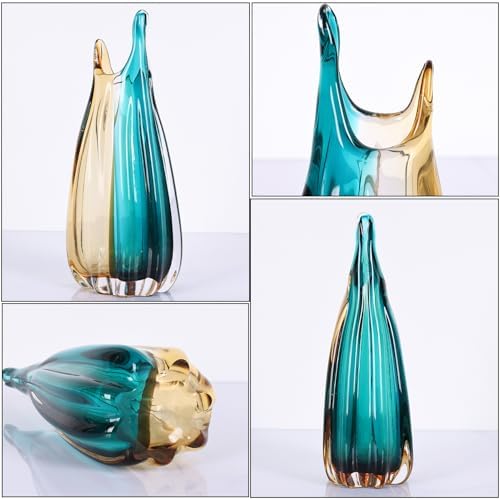 Hand Blown Teal Amber Colorblock Glass Vase, Modern Home Table Centerpiece - Image 2