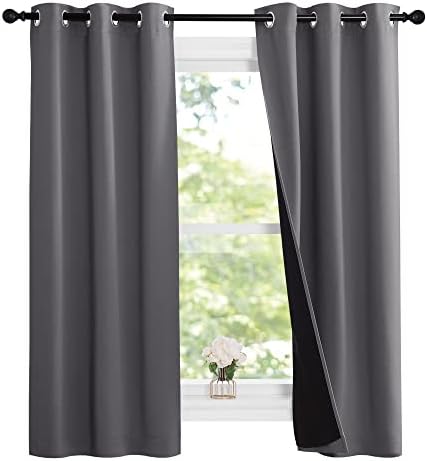 NICETOWN 100% Blackout Short Curtains with Black Liners, Solid Thermal Insulated Full Blackout 2-Layer Lined Drapes, Energy Efficiency Window Draperies for Bedroom (2 Panels, 37" W by 63" L, Grey) - Image 2