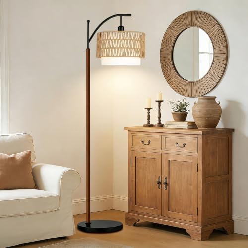 QIYIZM Boho Floor Lamp for Living Room,Bedroom,Rattan Standing Lamp with Remote Dimmable,Wood Vintage Mid Century Modern Black Tall Lamp Wicker Lamp Shade Floor Lights Bohemian Tiffany Style - Image 6
