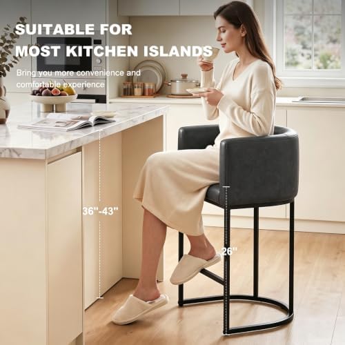 26" H Counter Height Bar Stools, Modern Barrel Counter Stools with Backrest and Arms, Faux Leather Upholstered Accent Barstools for Kitchen Island,Support 450 LBS (Black) - Image 3