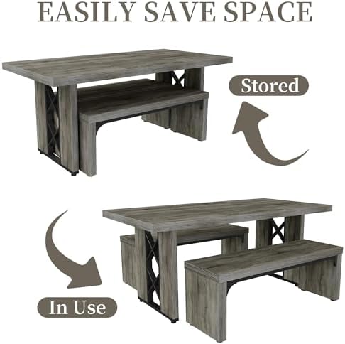HIPIHOM 3-Piece Dining Table Set for 6 People, Grey Table with 2 Benches - Image 3