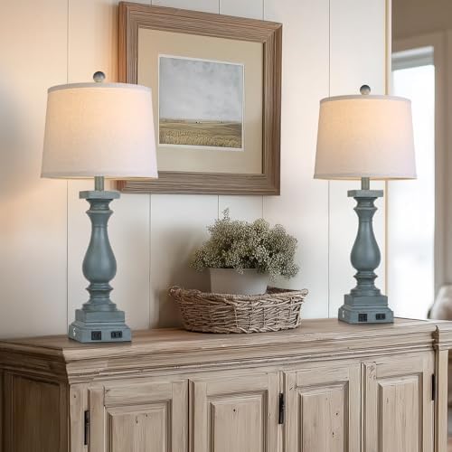 28" Tall Farmhouse Table Lamps Set of 2 with USB C+A Ports and AC Outlet, 3 Way Touch Control Rustic Bedside Lamp for Bedroom, Blue Vintage Nightstand Lamp for Living Room Office - Image 4