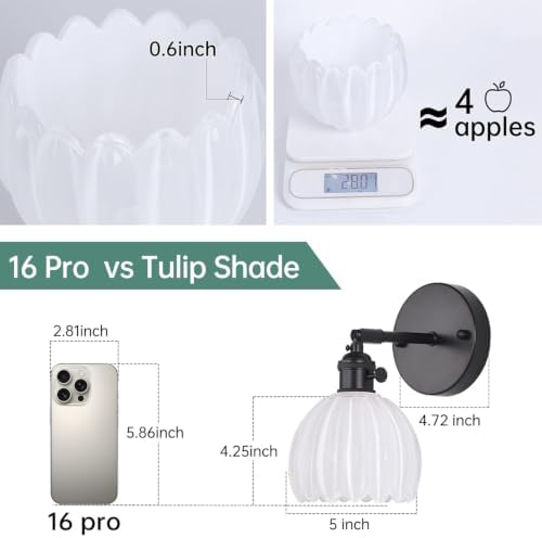 Shenmoyl Vintage Wall Sconce with White Tulip Glass Lampshade 180 Degree Adjustable Black Sconce Hradwired Modern Wall Lighting Fixture with Switch for Bedside Bedroom Doorway - Image 3