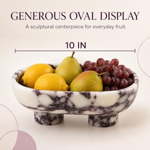 Calacatta Viola Marble Fruit Bowl, 10 Inch Large Oval Stone Fruits Holder with 2 Legs, Luxury Decorative Bowl for Kitchen Counter & Dining Table - Image 3