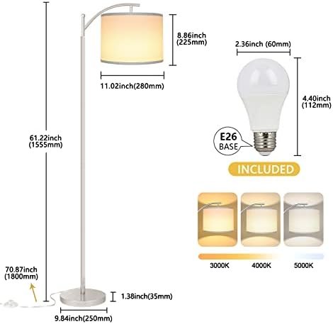 Floor Lamp for Living Room with 3 Color Temperatures LED Bulb, Standing Lamp Tall Industrial Floor Lamp Reading for Bedroom, Office (9W LED Bulb, White Lampshade Included) -Silver - Image 4