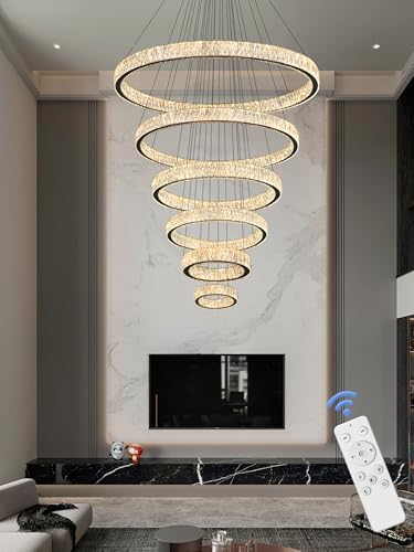 Extra Large 6 Ring Crystal Chandelier Modern LED Long Crystal Chandelier for High Ceiling Height Adjustable Black D8+15.7"+23.6"+31.5"+39.4"+47.5" Dimmable 2700K-6000K - Image 6