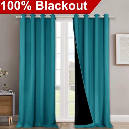 NICETOWN 100% Blackout Curtains for Windows, Pack of 2, Peacock Teal, 52" W x 102" L, Super Heavy-Duty Black Lined Total Darkness Drapes for Bedroom, Privacy Assured Window Treatment for Patio - Image 2