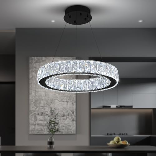 Modern 23.6'' Ring Crystal Chandelier Adjustable LED Ring Pendant Light Dimmable Black Round Crystal Chandelier Light for Dining Room Living Room - Image 4