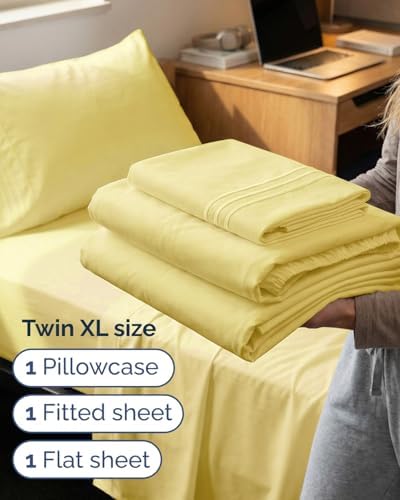 Twin XL 3 Piece Sheet Set - College Dorm Room Essentials - Yellow - Image 3