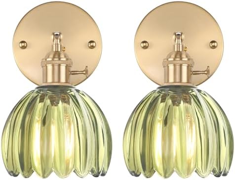 Shenmoyl Vintage Wall Sconces Set of 2 with Green Tulip Glass Lampshade 180 Degree Adjustable Brass Sconces Hradwired Modern Wall Lighting Fixture with Switch for Bedside Bedroom Doorway by Shenmoyl