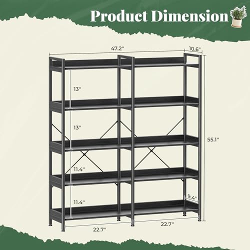 Huuger 5 Tier Bookshelf, Display Bookshelf with 10 Open Shelves and Raised Baffle, 47.2 Inch Straight Wide Bookcase with Metal Frame and Wooden Board, Adjustable Feet, Black - Image 2