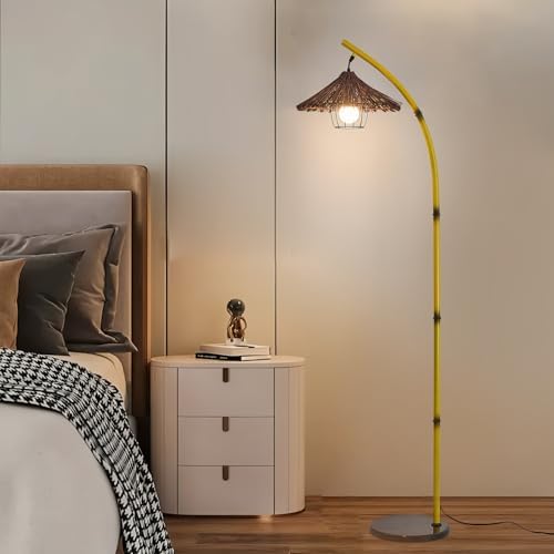 beaysyty Bamboo Floor lamp Mid Century Rattan Retro Floor lamp Bohemian,Arc Floor Lamps for Living Room Tall Reading Lamps Antique Rattan Style for Bedroom Dining Room Farmhouse Study (Yellow) - Image 5