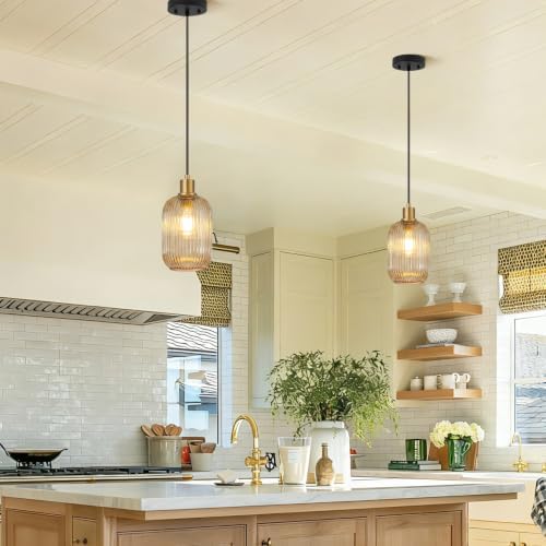 2 Pack Pendant Lights with Vintage Amber Ribbed Glass Lampshade, Adjustable Black and Gold Pendant Lights Fixtures for Kitchen Island Lighting Sink, Dining & Living Room Hallway (Bulbs Not Included) - Image 2