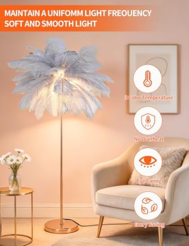 Feather Floor Lamp,Fluffy Ostrich Feather Floor Lamp for Bedroom,3 Color Temperatures Led Corner Modern Floor Lamps for Living Room Christmas Home Decor House Warming Gifts,63″ Height (Grey) - Image 5
