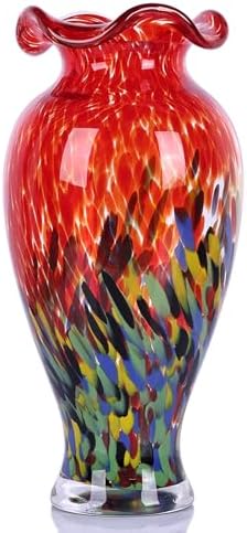 12" Tall Hand Blown Glass Vase – Pretty Ruffle Wide Mouth Decorative Flower Vase, for Modern Home Decor, Ideal Centerpiece for Living Rooms, Wedding & Home Decor by LINYTHER