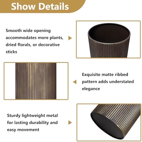 Brown Tall Ribbed Floor Vase - Set of 3 Metal Large Decorative Vases - Image 6
