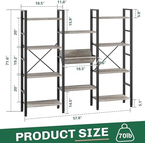 Shintenchi Bookcases 71.6”Triple 4 Tier Bookshelf with 11 Open Display Shelves, Wide Book Shelf Book Case,Large Etagere Bookshelf Open Record Player Shelves for Home & Office,Light Grey - Image 2