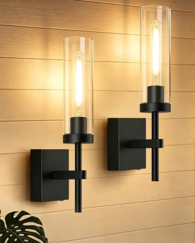 Hardwired Wall Sconces, Black Bathroom Sconces Wall Lighting with Clear Glass, Modern Sconces Wall Decor Set of 2 Bathroom Light fixtures for Mirror Hallway by Unknown
