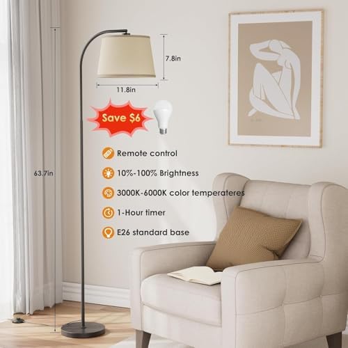 Karjoefar 64" 3 Color Dimmable Black Arc Floor Standing Lamp with Remote - Image 2