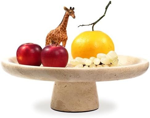 Marble Fruit Bowl for Kitchen - 11.8" Travertine Decorative Stone Pedestal Bowls for Home Decor, Footed Fruits Holder For Dining Table Counter Organization by LWALMS