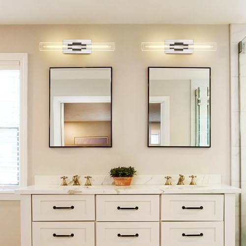 Nickel Bathroom Vanity Light, 2-Light Bathroom Wall Sconce Over Mirror, Chrome Vanity Lights for Bathroom, Dimmable Vanity Sconce with Glass Tube, Indoor Linear Wall Sconce Vertical & Horizontal, 1 PC - Image 3