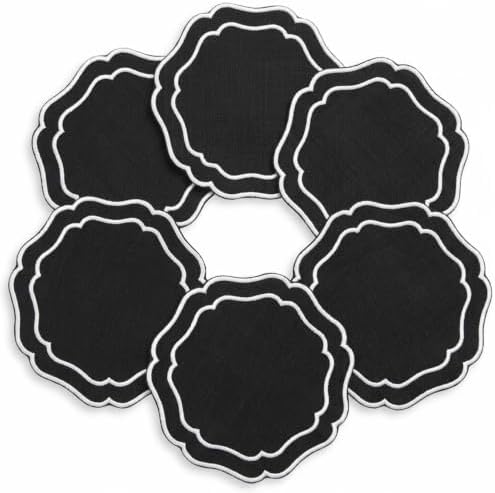 Linen Coasters for Drinks, Set of 6, 6 inch, Black by EmbroideryLinenVN