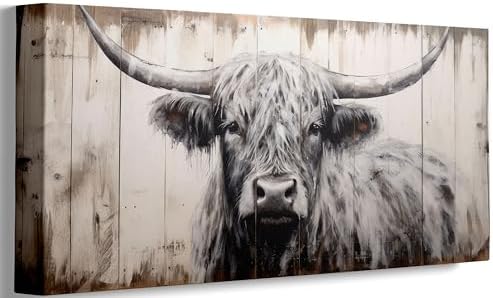 Large Highland Cow Canvas Wall Art, Black and White Cow Picture, 24x48 Inch - Image 3
