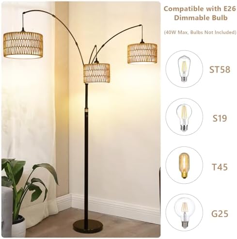 Black Arc Floor Lamps for Living Room, Farmhouse Boho Floor Lamp for Bedroom, Industrial Standing Lamp for Office, Dimmable Tall Lamp with Rattan Lampshades, Reading Arched Light - Image 5