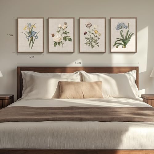 Framed Vintage Floral Botanical Wall Art for Living Room, 4 Piece 12x16 In - Image 3
