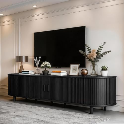 MXV 80" Mid-Century Modern TV Stand with Sliding Doors, TV Consoles with Power Outlet, Fluted Entertainment Center with Adjustable Shelves, for Living Room by Unknown