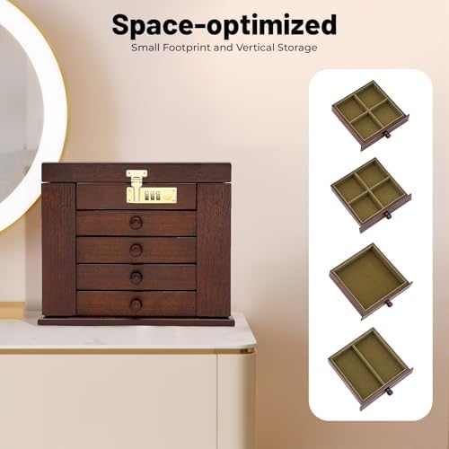 Wooden Jewelry Box, 5 Layers with 4 Drawers Large Locking Jewelry Organizer, Watches Necklace Ring Storage Box for Women (Dark Brown) - Image 4
