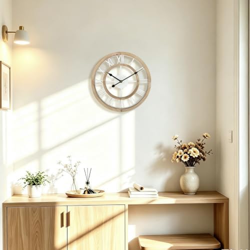 16 Inch Rustic Wall Clock Silent Non-Ticking Wooden Wall Clocks with Roman Numerals Farmhouse Decorative Clock for Living Room Bedroom Office (Light Lvory) - Image 2